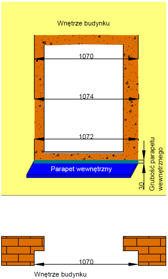 Rys. 39 Uproszczony rysunek ukazujący pomiar szerokości otworu okiennego oraz węgarków wewnątrz budynku wraz z przekrojem poziomym
